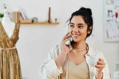 Genç bir kadın elinde fincanla akıllı telefondan konuşuyor..