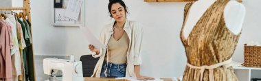 Genç bir kadın ekolojik moda için dikiş makinesiyle kıyafetlerini yükseltiyor..