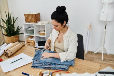 Masasında oturan genç bir kadın, yükselen kotlar, çevre dostu moda konsepti..