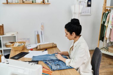Masada makineyle dikiş diken genç bir kadın çevre dostu bir girişim için giysileri yükseltiyor..