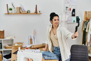 Gündelik giyinmiş genç bir kadın, kıyafetlerini masanın üstünde elinde telefonla diker..