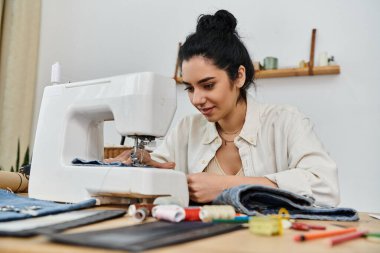 Genç bir kadın dikiş makinesinde kıyafetlerini değiştiriyor..