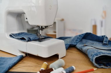 Giysileri dikmek için kullanılan dikiş makinesinin yanında bir kot pantolon..