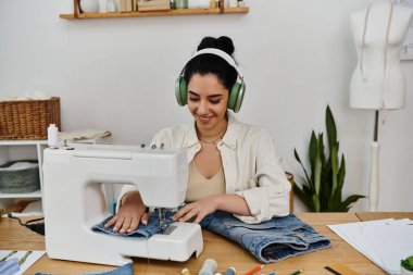 Young woman in casual attire transforms clothing at table with sewing machine. clipart