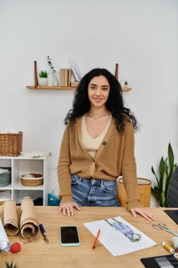 Gündelik kıyafetli genç bir kadın masa başında çalışıyor. Kıyafetlerini sürdürülebilir moda için değiştiriyor..