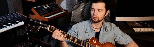 A man playing an electric guitar in front of a computer during a music band rehearsal in a recording studio.