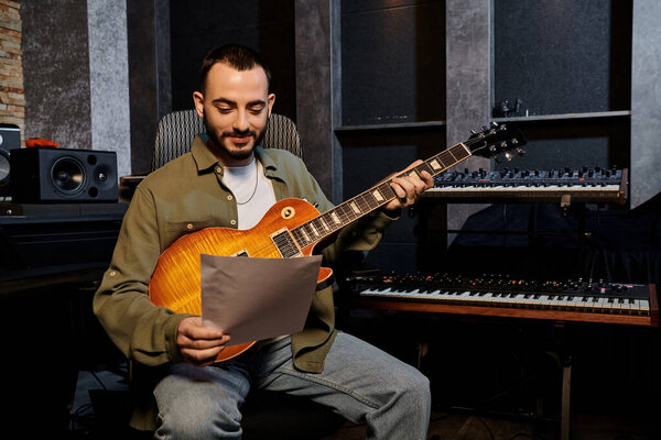A man playing an electric guitar in a recording studio during a music band rehearsal.