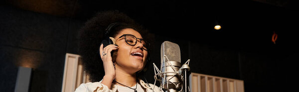 A female vocalist passionately sings into a microphone in a professional recording studio during a music band rehearsal.