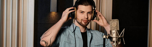 Человек в наушниках стоит перед микрофоном во время репетиции музыкальной группы в студии звукозаписи.