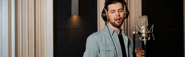 Мужчина страстно исполняет вокал в студийном микрофоне во время репетиции музыкальной группы.