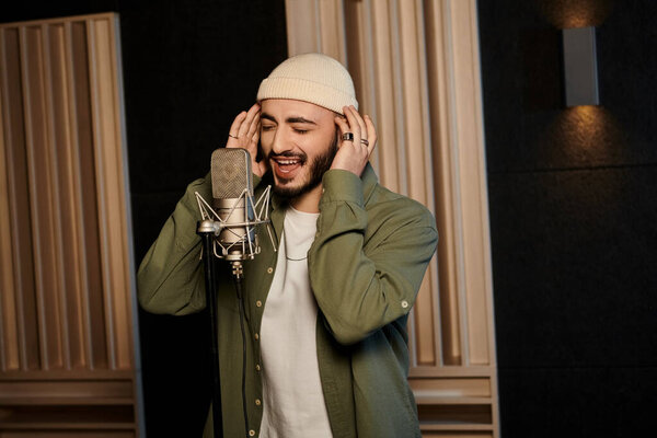 Мужчина страстно поет в микрофон в студии звукозаписи во время репетиции музыкальной группы.