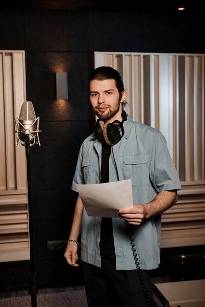 Человек в студии звукозаписи, поглощённый, держащий бумагу с текстами для репетиции музыкальной группы.