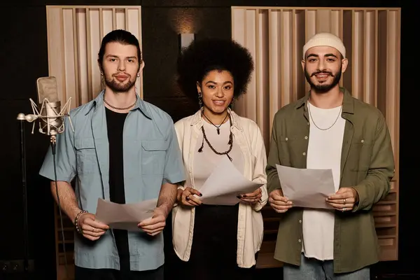 stock image Three individuals stand in a recording studio holding lyric sheets, preparing for a music band rehearsal session.