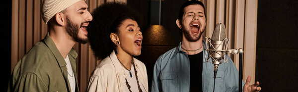 A music band rehearsing in a recording studio, harmonizing their voices as they sing together in perfect synchronization.