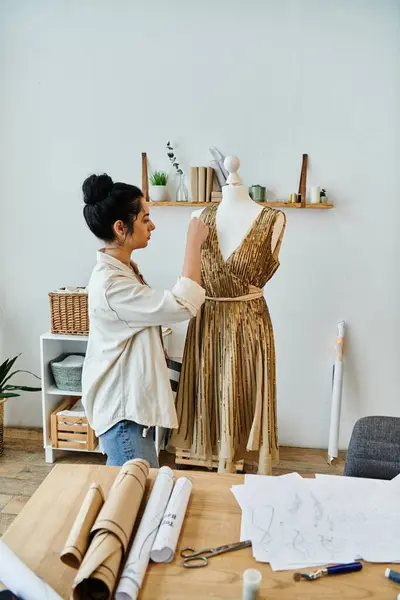 stock image Young woman upcycling clothes, working on dress on mannequin.