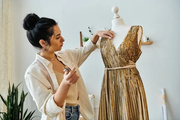 stock image A woman in casual attire is crafting a dress on a mannequin.