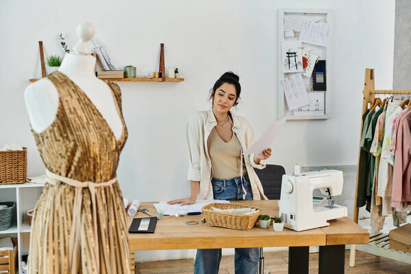 Молодая женщина в повседневной одежде поднимает свою одежду перед швейной машинкой.
