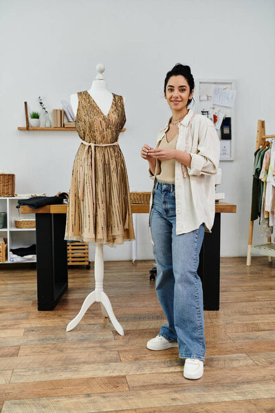 Young woman in casual attire upcycling clothes next to elegant dress on mannequin.