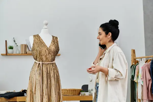 stock image A woman refashions a dress on a mannequin in an eco-friendly concept.