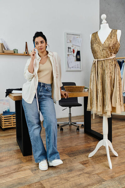 Young woman upcycling clothes next to mannequin showcasing a dress. Eco-friendly concept.