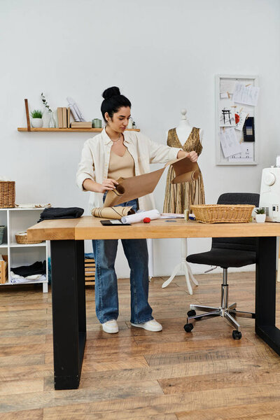 Young woman upcycling clothes at wooden table.
