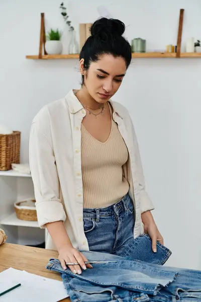 stock image A woman creatively revamping blue jeans in an eco-friendly manner.