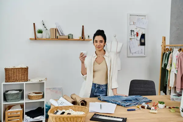 stock image A young woman in casual attire upcycling clothes on a table.