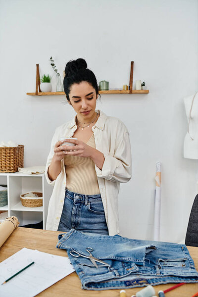 A woman carefully examines a pair of jeans on a table.