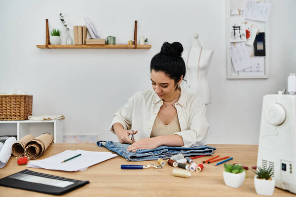 Молодая женщина приобретает одежду за столом в творческой эко-концепции.