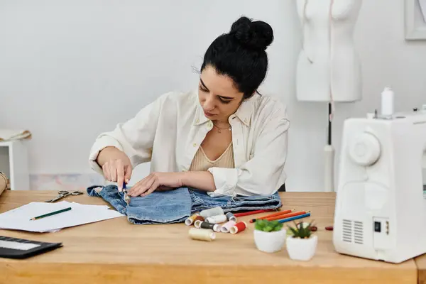 stock image A young woman in casual attire upcycling her clothes, creating a new piece with eco-friendly practices.