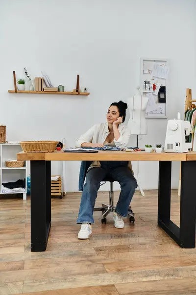 stock image Young woman upcycles clothes for eco-friendly fashion.