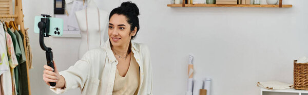 Молодая женщина в повседневной одежде держит телефон, проект экологического апвеллинга.