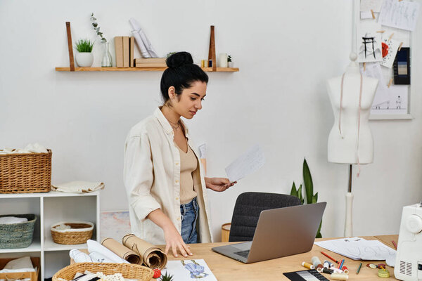 Молодая женщина поднимает одежду перед ноутбуком.