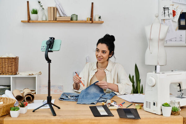 Молодая женщина в повседневной одежде поднимает свою одежду у швейной машинки.