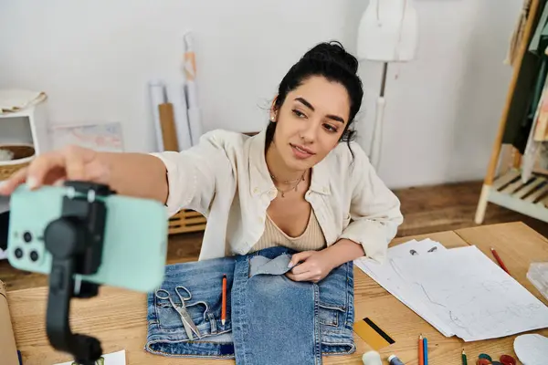 stock image Woman in casual attire, upcycling clothes, with a camera.