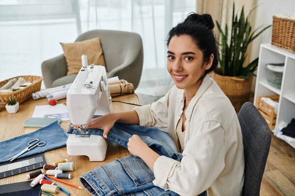 A young woman in casual attire upcycling clothes with a sewing machine.