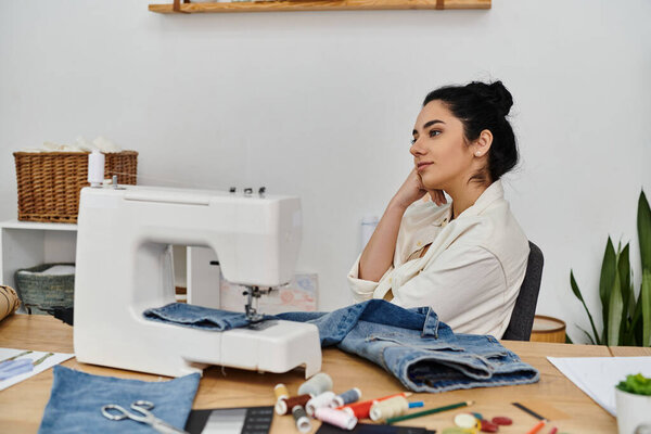 Молодая женщина апсайклирует одежду на швейной машинке.