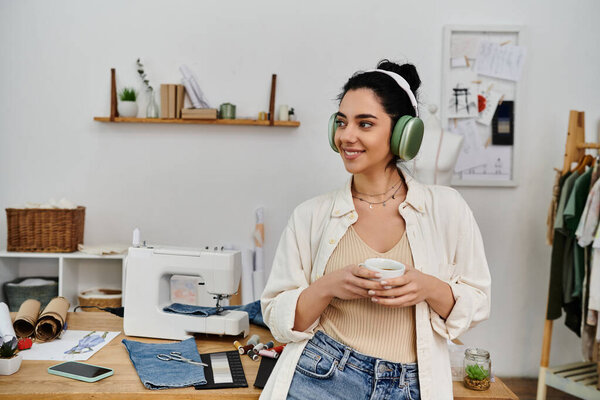 Женщина в наушниках стоит у швейной машинки, поднимает одежду.