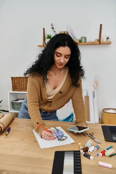 stock image Woman upcycling clothes, working at table.