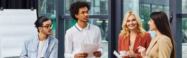 A diverse group of job seekers stand in front of a window, preparing for interviews. clipart