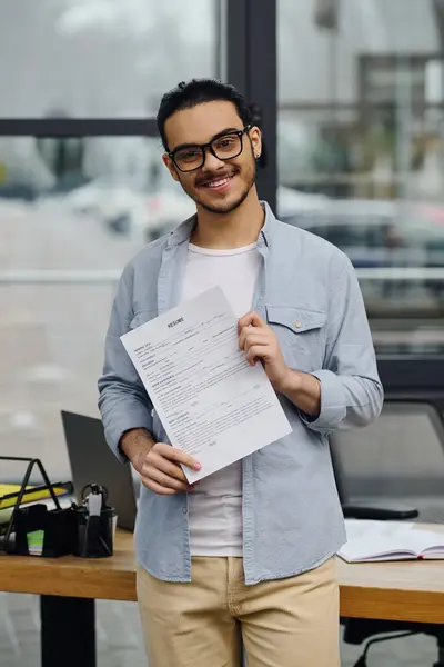 stock image Job seeker showing document during interview.