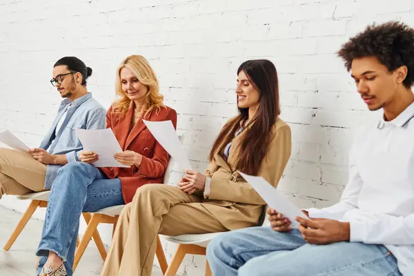 stock image Diverse group reading papers while seated in chairs.