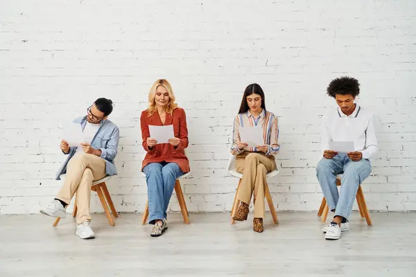 stock image Diverse group seated, absorbed in reading papers.