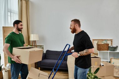 Two men, a gay couple in love, transport and set up boxes in their living room for their new chapter in life. clipart