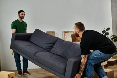 Gay couple happily moves sofa in new living room, starting fresh in new home. clipart