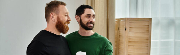 Two men, a gay couple in love, stand side by side in a new home, embarking on a fresh chapter together.