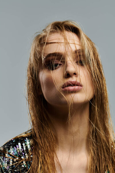 Молодая женщина, демонстрирует свои длинные, влажные волосы в захватывающей позе.