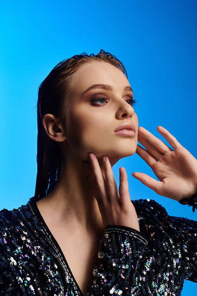 A young woman with wet hair gently rests her hand on her face, looking introspective.