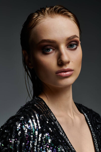 Блестящая женщина с завораживающими глазами элегантно одетая в черное.