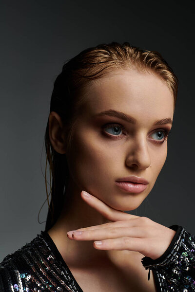 Элегантная женщина в блестящем платье поразительная поза для камеры.